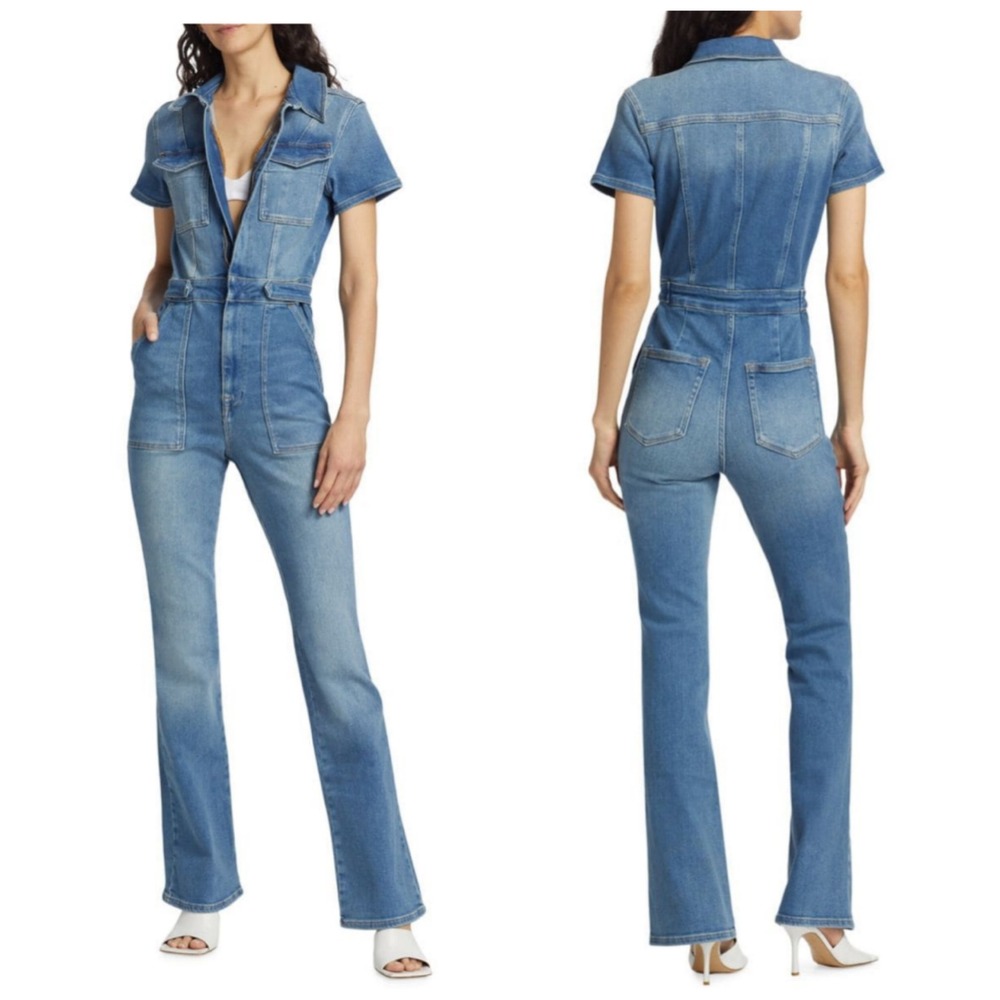 GOOD AMERICAN Fit for Success Jumpsuit Womens XL Blue Denim Stretch Short Sleeve